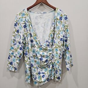 Talbots Womens Floral Wrap Top Plus Size 1X White Blue Ruched Romantic Feminine